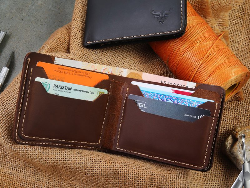 Majestic Trifold Leather Wallet, open, with cards