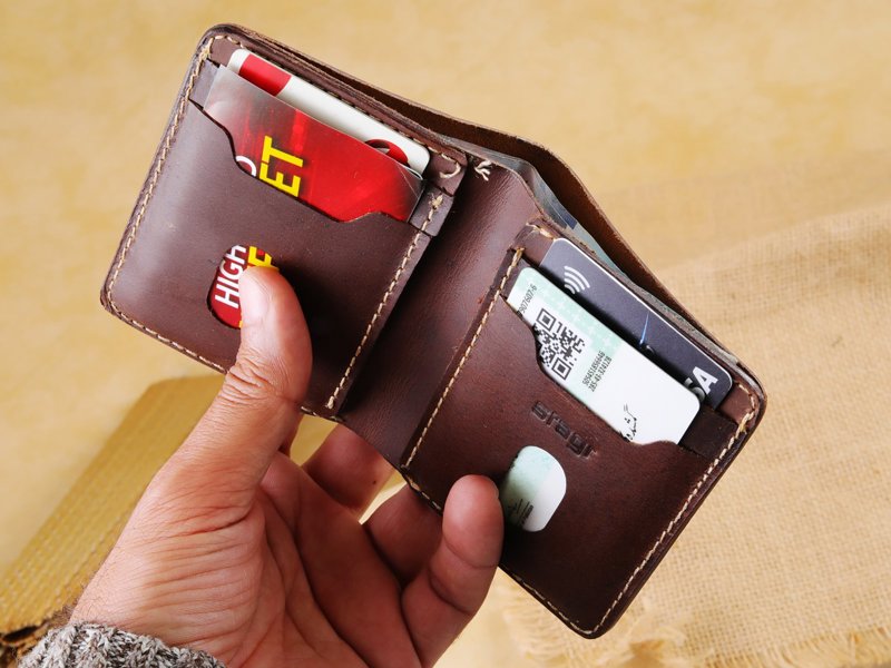 Purefold Minimalist Leather Wallet, open, with cards