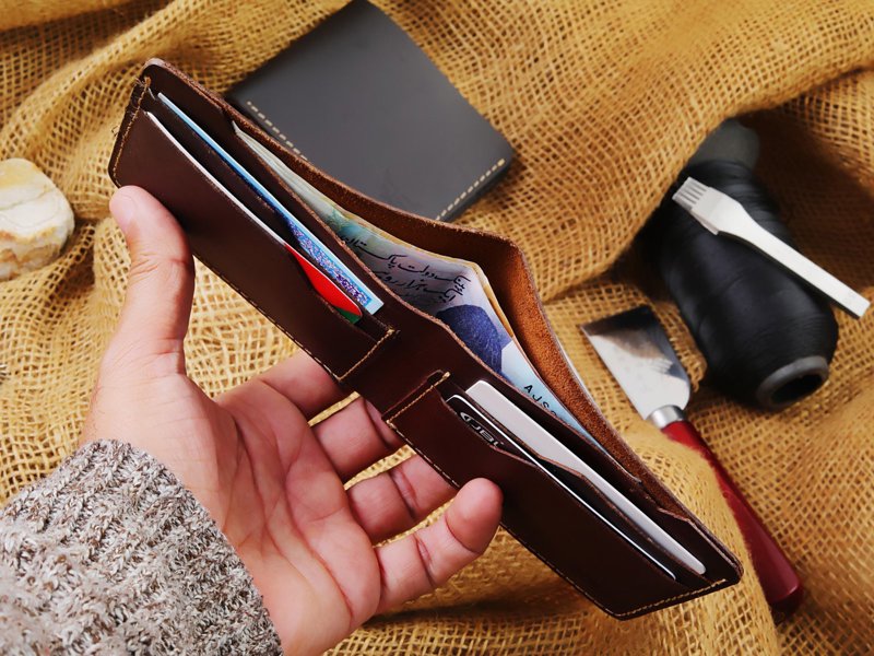 Regal Bifold Leather Wallet, open, with cards