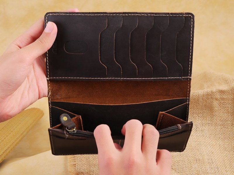 Upbuck Long Leather Wallet, open, with cards